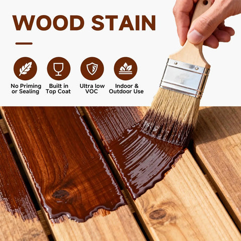 Kickass 32 Oz Black Walnut Water-Based Wood Stain And Sealer In One being applied to wooden boards with a brush.