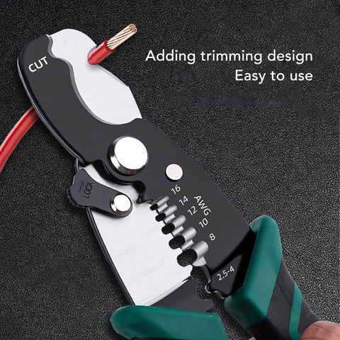 Heavy Duty 8 Inch Wire Stripper And Crimping Pliers For Electricians with trimming design, high carbon steel, and beefy handles.