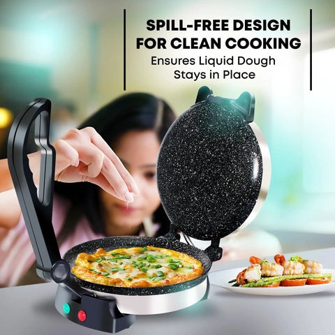 Libra Electric Roti Maker Machine With Non Stick 8.5 Inch Plates Auto Temp Control And Durable Handle, showing spill-free design during use.