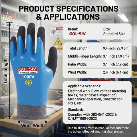 Heavy Hitter Insulated Work Gloves ASTM D120 Certified 1000V Electrical Safety Gear, standard size, 9.4 inches long with blue rubberized grip.