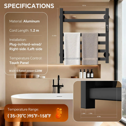 Electric Towel Warmer Wall Mounted 6 Bar Heated Towel Rack With Smart Timer And Temperature Control shown in bathroom