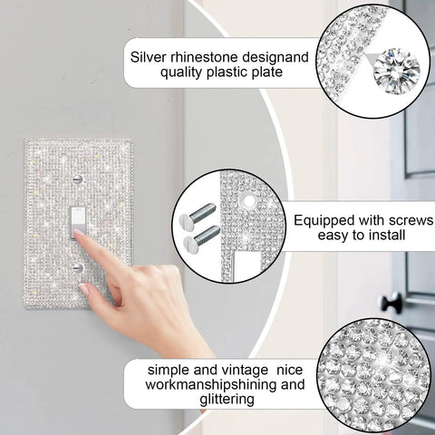 Hand touching sparkly single wall plate from Six Piece Diamond Light Switch Cover Set Dope Rhinestone Bling Wall Plates For Single Gang And Duplex.