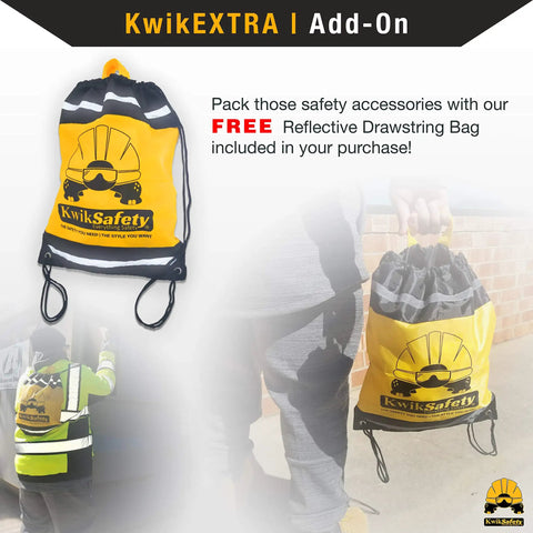 Reflective yellow KwikSafety drawstring bag with safety lanyard in use, illustrating fall protection gear for construction and roofing.