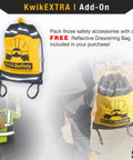 Reflective yellow drawstring bag with KwikSafety logo for Heavy Duty Double Leg Safety Lanyard With 3 D Ring Harness