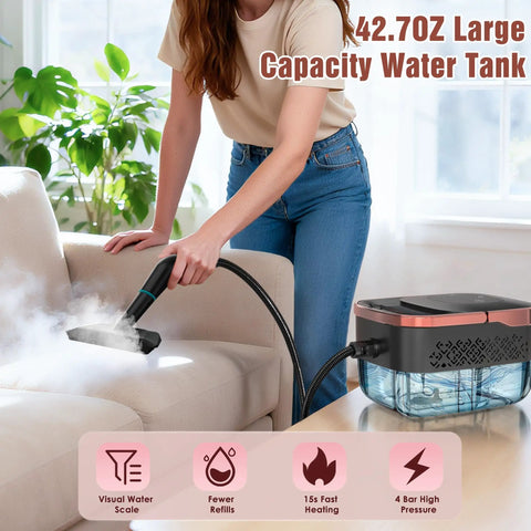Badass Steam Cleaner Rapid 15 Second Heat Up With 4 Bar Pressure And 6 Adjustments 42 Oz Big Tank in use on couch