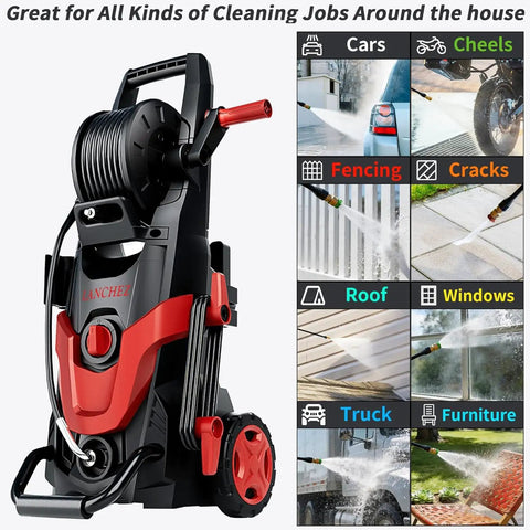 Heavy Duty Beast 4800 PSI Pressure Washer With Four Quick Connect Nozzles for cars, fences, and home cleaning, red.