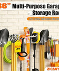 Closeup of a 66-inch garage storage rack holding shovels, hose, and tools against a brick wall, rated for 520 lbs.