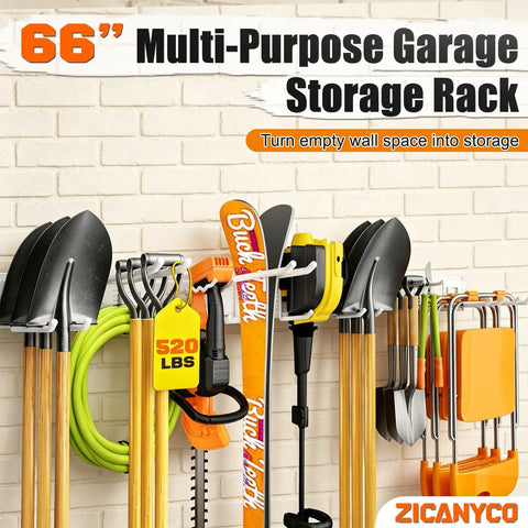 Closeup of a 66-inch garage storage rack holding shovels, hose, and tools against a brick wall, rated for 520 lbs.