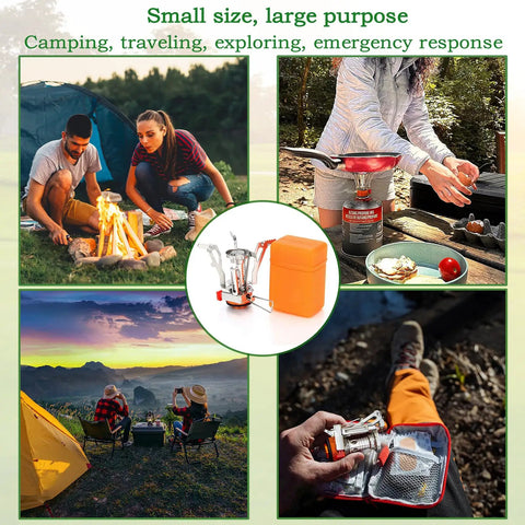 Lightweight Portable Camping Stove For Backpacking And Hiking With Piezo Ignition No Fuss Wind Resistant Design And Stable Support Compact Camp Stove For Outdoor Cooking And Adventure Trips in various outdoor settings.