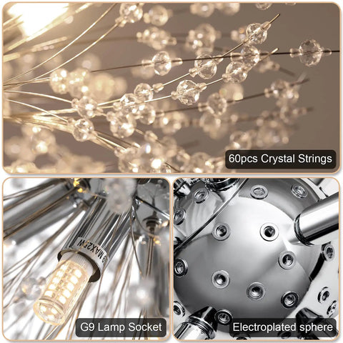 Close-up of Chrome Modern Crystal Chandelier Firework Pendant Light With Bubble Crystal Orbs featuring G9 lamp socket
