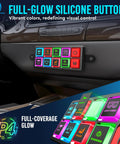 8 Gang Neon Switch Panel With Backlit Silicone Buttons P4 Momentary Toggle Strobe On Off Touch Pod And Circuit Relay Control Box shown installed in vehicle dashboard.