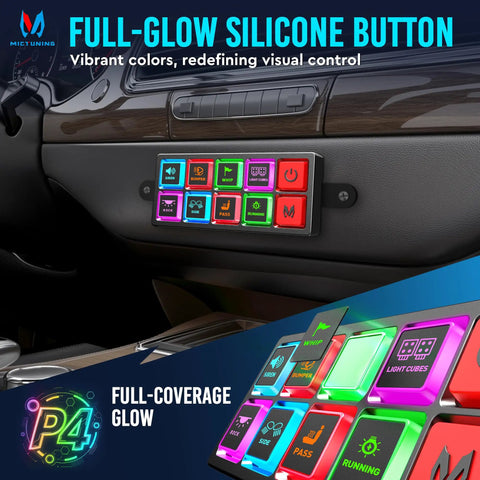 8 Gang Neon Switch Panel With Backlit Silicone Buttons P4 Momentary Toggle Strobe On Off Touch Pod And Circuit Relay Control Box shown installed in vehicle dashboard.