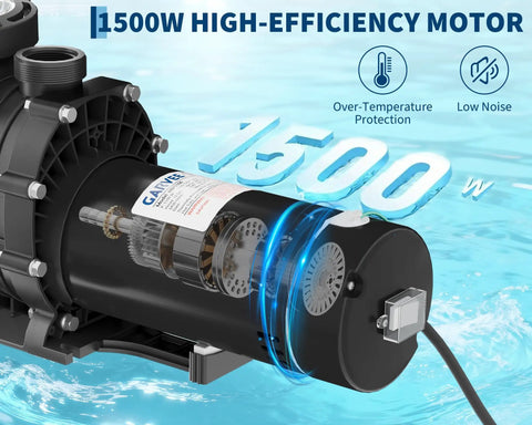 Heavy Duty Swimming Pool Pump With 2Hp Copper Motor And 1500W Output showcasing motor efficiency and low noise.