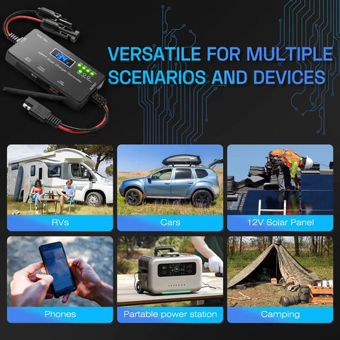 MPPT Solar Charge Controller 12V 10A with LCD shown with RVs, cars, solar panels, phones, power stations, and camping setup.