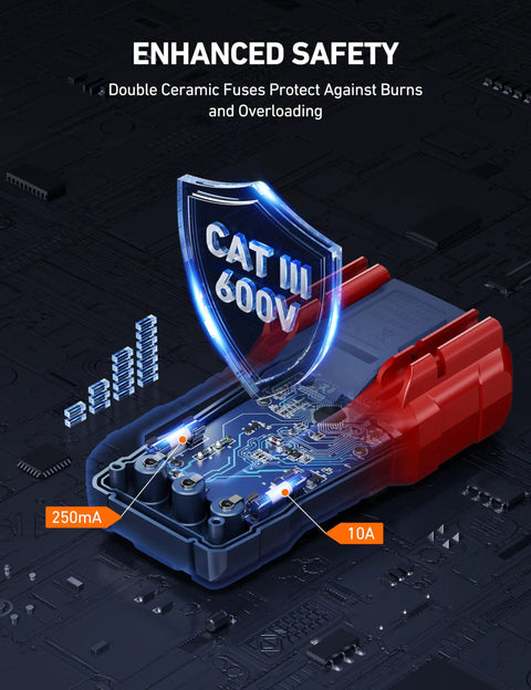 TRMS Digital Multimeter For DIY Electrical Projects showing internal safety features with double ceramic fuses and CAT III 600V rating