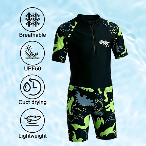 Boys Swim Set With UPF50 Long Sleeve Zip Rash Guard And Quick Dry Trunks 4 Way Stretch Beachwear For Swim Lessons Water Park And Beach Ages 4 To 12 Black