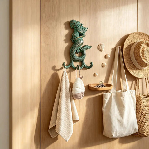 Premium Cast Iron Mermaid Wall Hook With Solid Metal Finish Totally Awesome Vintage Nautical Coat And Towel Hanger holding towels.