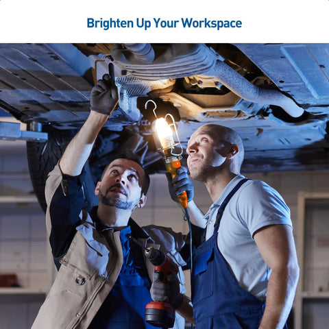 Mechanics using ETL Listed LED Drop Light With 25 Foot Extension Cord, Built-In Outlet, Magnetic Base And Handle In Bright Orange