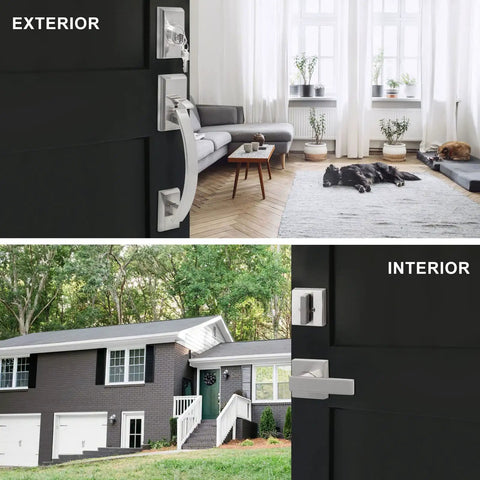 Front Door Handleset Double Door Lock Set In Satin Nickel With Deadbolt For Entry Doors, reversible left and right swing.