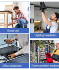 Four images showing home use, lighting installation, office equipment, and communication equipment maintenance.