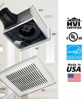 Energy Star Bathroom Exhaust Fan With 110 CFM Quiet 1.0 Sones, 12x12 inch white ventilation unit with certifications, USA made