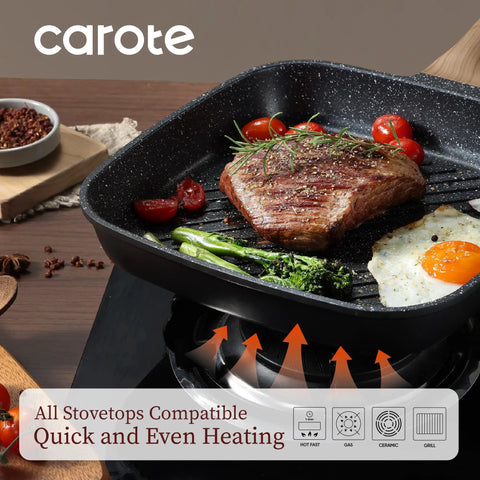 11 Inch Nonstick Grill Pan For Steak With Granite Coating cooking steak and vegetables on stovetop