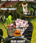 Folding Electric Trike With Fat Tires And Step Through Frame Three Wheel Ebike For Adults 55 Mile Range 18 MPH Top Speed Off Road Stable Tricycle For Seniors Black 1200W Peak Brushless Motor 624Wh Battery Foldable Design, rear basket carrying groceries and flowers, front basket with small dog.