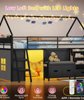 Twin Size Low Loft Bed With Built-In Bookshelf And Reading Nook, LED Night Light, Three Drawers, Under-Bed Play Space, Black Finish.
