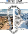 Built Tough No Rust 304 Stainless Steel Carabiner Clips 8 Pack 1360 Lb Capacity 2.36 Inch D Ring with snow and desert backdrop