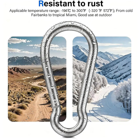 Built Tough No Rust 304 Stainless Steel Carabiner Clips 8 Pack 1360 Lb Capacity 2.36 Inch D Ring with snow and desert backdrop