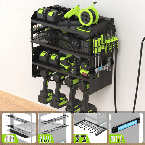 Modular Power Tool Organizer Wall Mount Garage Shelf With Four Tiers, Beefy Heavy Duty Metal Construction, Drill Holder And Tool Storage Rack