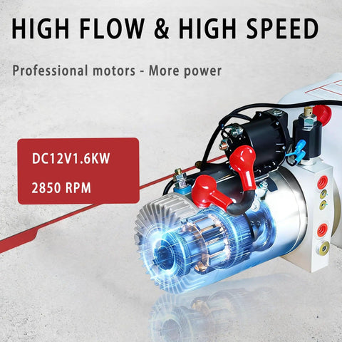 Double Acting 12V DC Hydraulic Pump With 4 Quart Plastic Reservoir, 3200 PSI Power Unit, 2.0 GPM Flow, SAE6 Connector, DC 1.6KW 2850 RPM