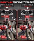 Half Inch Cordless Impact Wrench Bare Tool Compatible With Milwaukee 18V Batteries High Torque 950 Ft Lbs Electric Impact Gun shown tightening and loosening a car tire with forward and reverse torque settings displayed