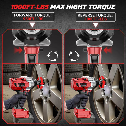 Half Inch Cordless Impact Wrench Bare Tool Compatible With Milwaukee 18V Batteries High Torque 950 Ft Lbs Electric Impact Gun shown tightening and loosening a car tire with forward and reverse torque settings displayed