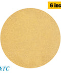 SATC 6-inch PSA sanding disc with self-adhesive back, aluminum oxide, gold color.