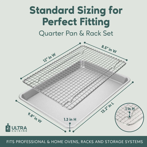 Quarter Sheet Pan With Wire Rack Set For Oven Use, Premium Aluminum Baking Sheet With Stainless Steel Rack, size details shown