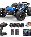 One Fourteen Scale All Terrain RC Car 4WD Off Road Truck With High Speed Up To 40 Km Hr Waterproof Remote Control Vehicle Includes Two Rechargeable 1300 mAh Batteries For Adults And Teens Who Love Fast Outdoor Fun, blue truck with remote, extra wheels, batteries, and motor displayed