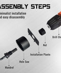 KENDO hole saw set exploded view showing mandrel, hole saw, installation plate, nut, drill chuck, hex key with storage case