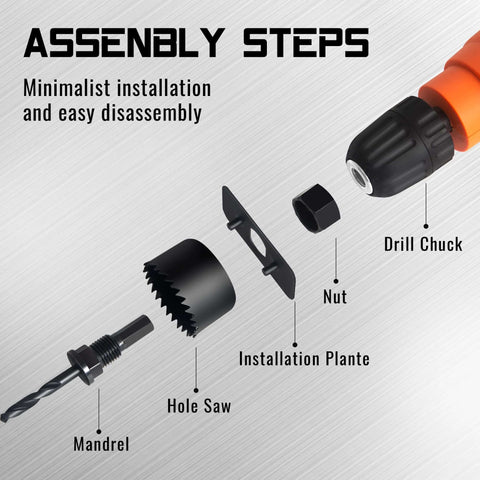 KENDO hole saw set exploded view showing mandrel, hole saw, installation plate, nut, drill chuck, hex key with storage case