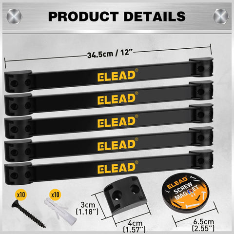 Product details of Beefy Magnetic Tool Holder Storage Organizer Set, 6 Piece, 12 Inch Wall Mount Rack shown with screws and magnets
