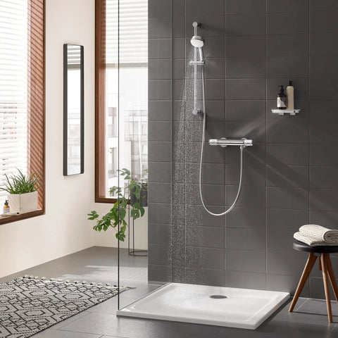 Tempesta Cosmopolitan 100 2 Spray Shower Rail Set with Rain and Jet Modes in modern bathroom, Starlight Chrome Finish