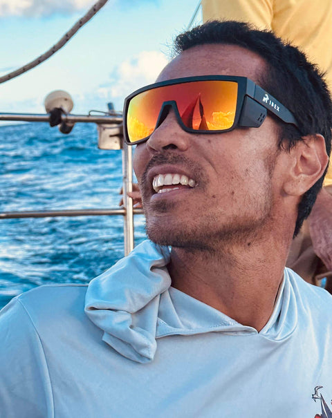 Man wearing Go-To Safety Sunglasses With Polarized Mirror Lenses ANSI Z87 Plus Certified UV 400 Protection Black Frame
