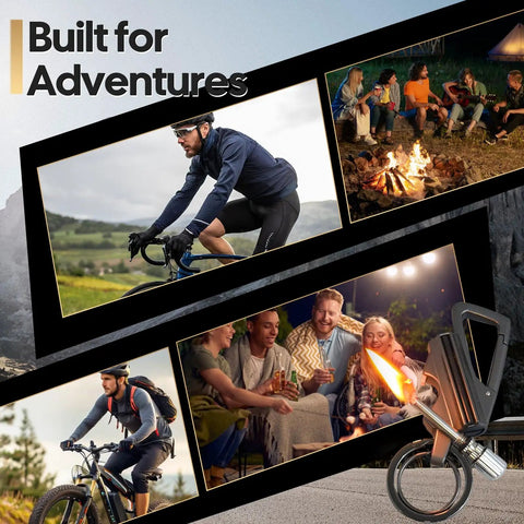 Infinity Lighter 3 In 1 Permanent Match With Multitool Keychain Bottle Opener next to campfire scenes and cycling images
