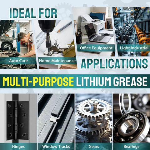 All-Purpose White Lithium Grease With Built-In Brush For Door Hinges, Garage Doors, Bike Chains And Tools - various uses illustrated