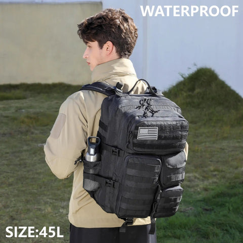 Man wearing Rugged Tactical Backpack 25L 30L 35L 45L Waterproof Outdoor Daypack with Molle gear in black, 45L size shown.
