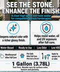 Fresh High Gloss Wet Look Stone Sealer For Pavers And Concrete Tough Color Brightening Formula information display on paver surface.