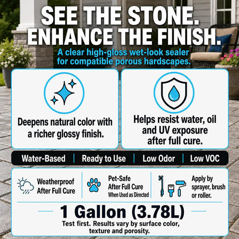 Fresh High Gloss Wet Look Stone Sealer For Pavers And Concrete Tough Color Brightening Formula information display on paver surface.