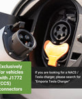 Sleek Level Two EV Charger With Smart Load Balancing For Home showing J1772 connector plugged into an electric vehicle.