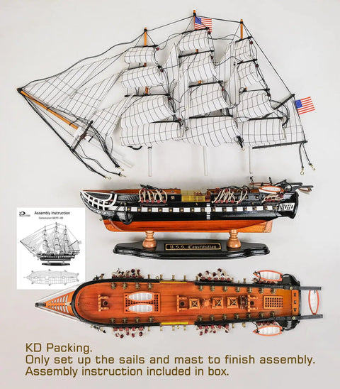 Wooden USS Constitution Model Ship 1/95 Scale Frigate Replica For Home Decor Handcrafted Basswood Hull With Hand Stitched Sails And Rigging Not A Kit Easy Assembly Classic Maritime Collectible Decor, showing top, side views with instructions.