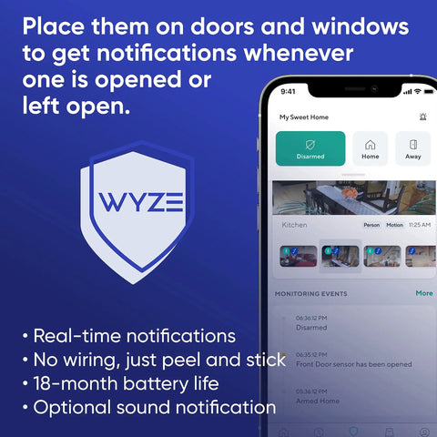 Wyze app screen showing notifications for Three Pack Wireless Entry Sensors For Home Security System, Door And Window Alerts.